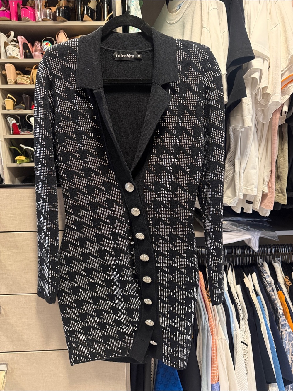 Retrofete Black & White Houndstooth Rhinestone-Button Knit Dress